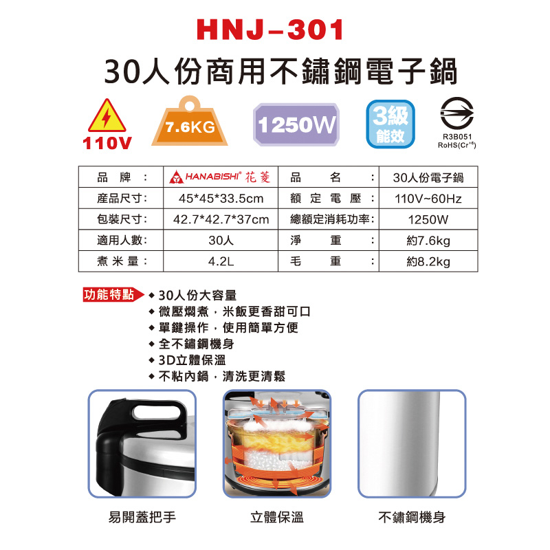 花菱30人份商用電子鍋 110V/60Hz/1250W